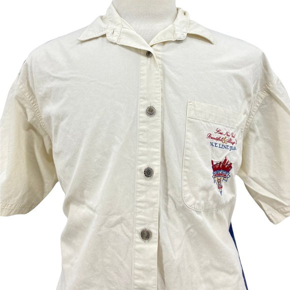Vintage NY Line Men's Retro Graphic Button Down Beige Shirt Size Small 90's - Picture 2 of 6